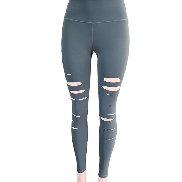 Alo Yoga Grey Ripped Warrior Legging High Rise High Waisted Full Length Size XXS - Picture 2 of 8